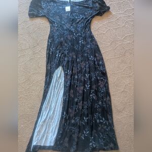 Free People GORGEOUS NEW SPRING Black Floral Maxi Dress HIGH SLIT $128 SMALL S